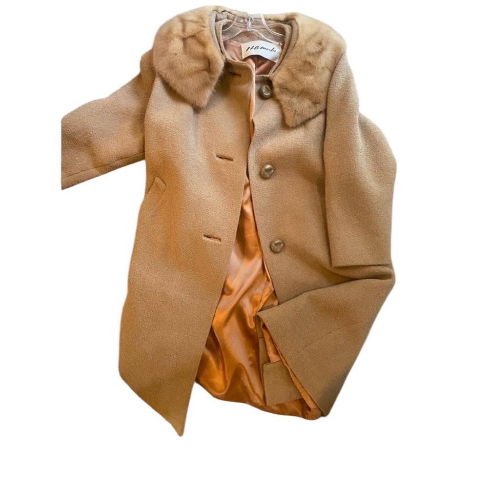 VTG 50’s Tan Wool Unique Knit 🧶 Fur Collar Swing Coat Satin Lining 3/4 Slv M/L